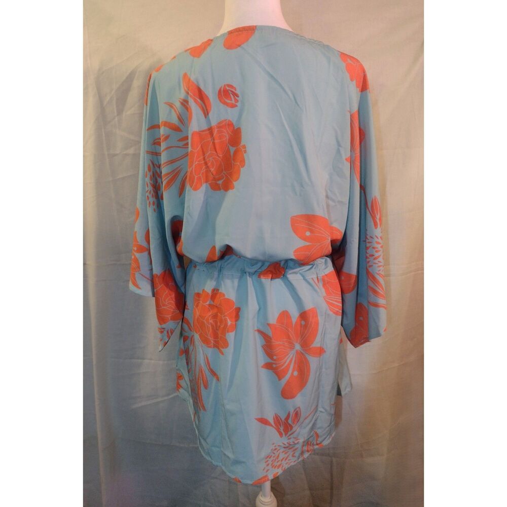 Blue Orange Floral Kimono Dress Size L V-Neck Button Front Tie Waist - Picture 7 of 8